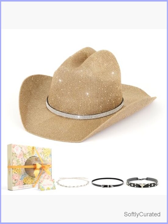 C.C Sparkly Sequin Cowboy Hat with Suede String Trim, Beige  Sequin Cowboy Hat - Sparkly Cowgirl Hat with Thread Detail, Western Party Hat